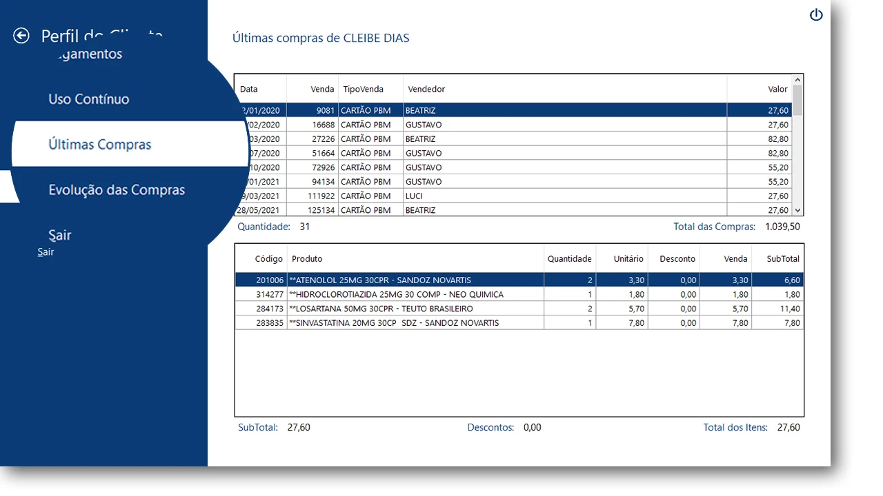TekFarma - Produtos comprados pelo cliente